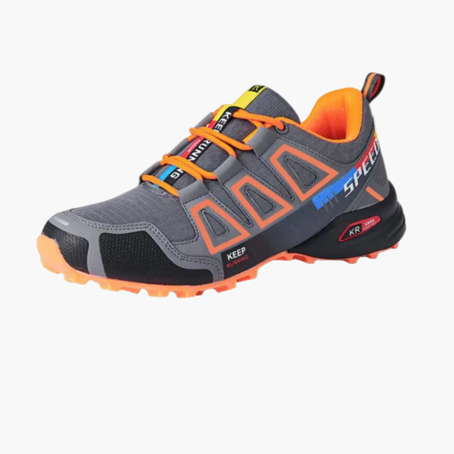 Men's running sneakers with layered panels, lace-up front and textured sole