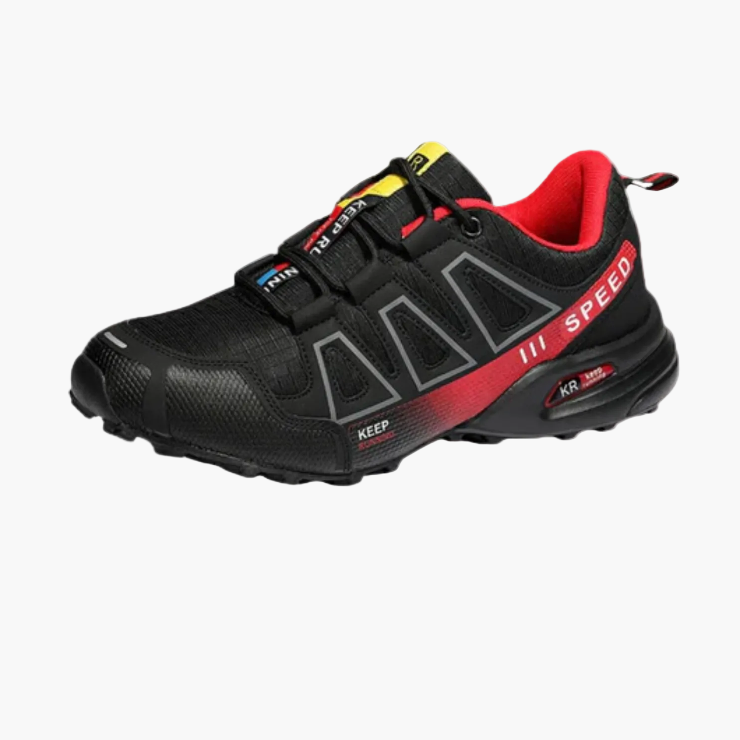 Men's running sneakers with layered panels, lace-up front and textured sole