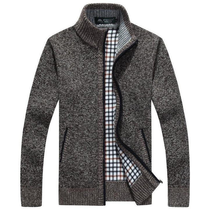 Men's textured knit cardigan jacket with high collar and zip fastening