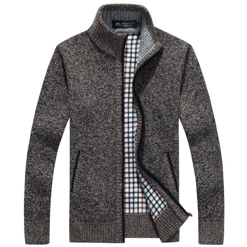 Men's textured knit cardigan jacket with high collar and zip fastening