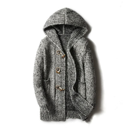 Hooded knitted cardigan with toggle fastenings, long sleeves and front pockets