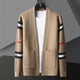 Men's open front cardigan with striped long sleeves and patch pockets
