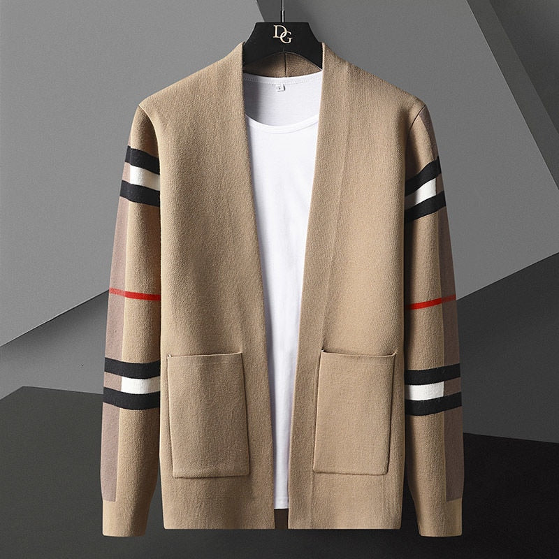 Men's open front cardigan with striped long sleeves and patch pockets