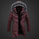 Men's long padded hooded coat with textured trim and zip pockets