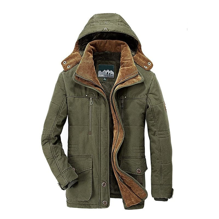 Men's hooded parka jacket with multiple front pockets
