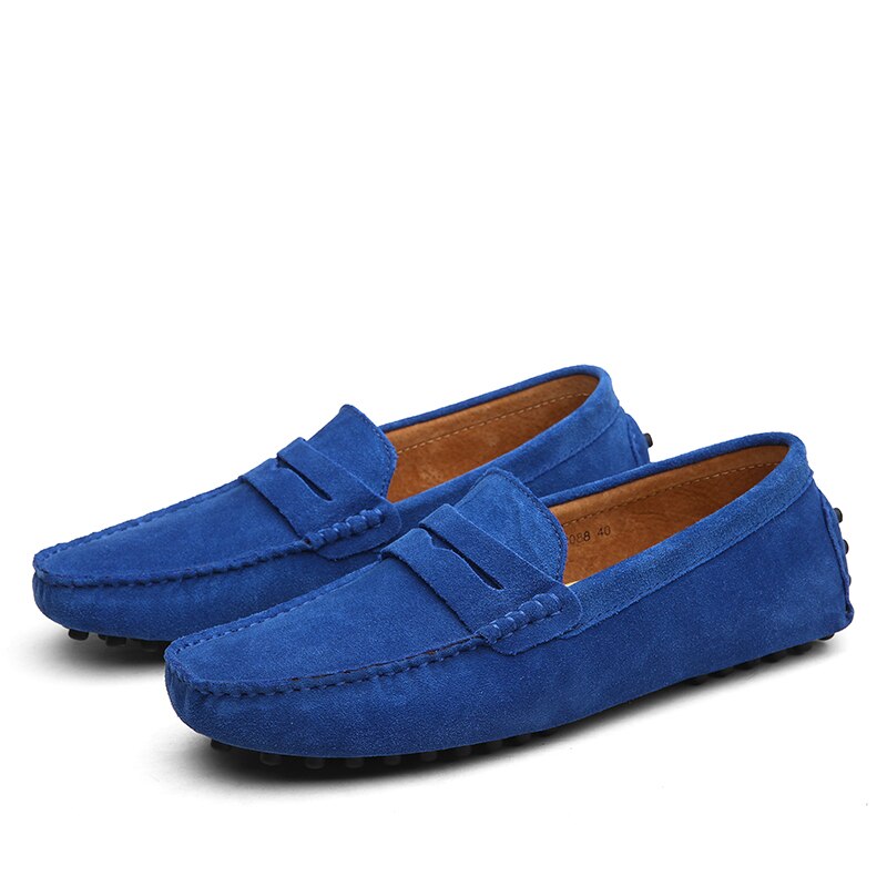 Men's suede loafers with moc toe and penny strap