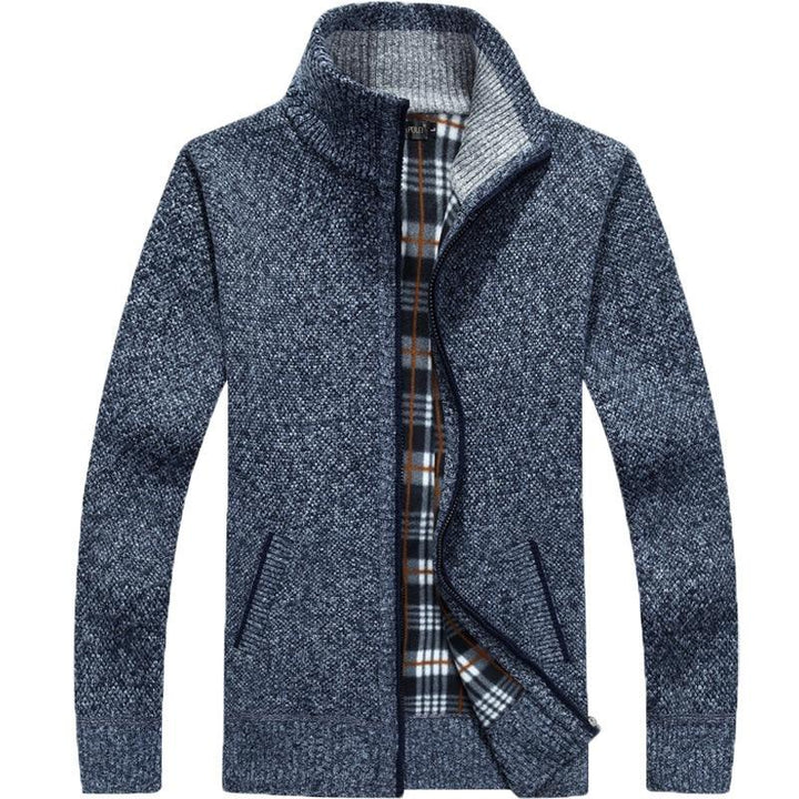 Men's textured knit cardigan jacket with high collar and zip fastening