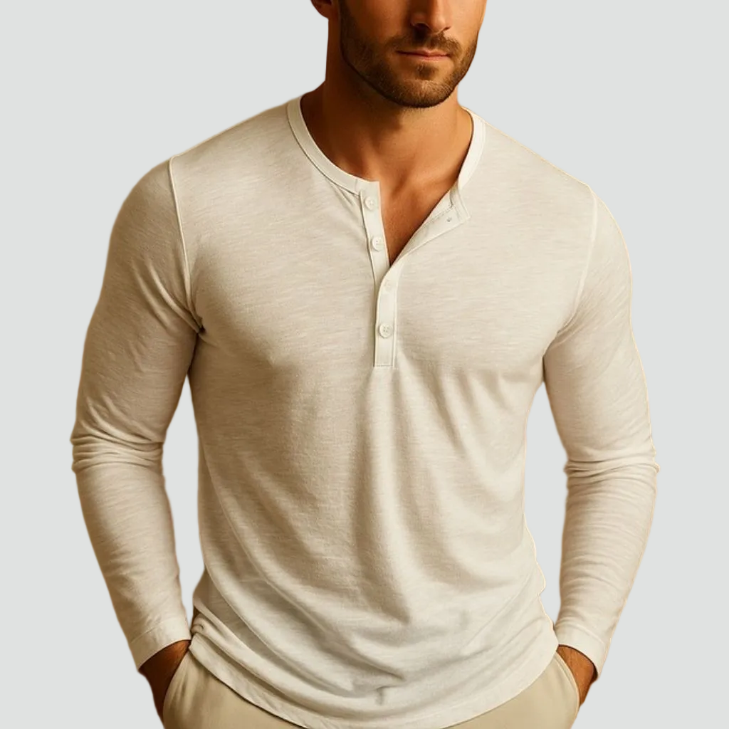 Men's slim fit long sleeve Henley shirt with mandarin neckline and button placket