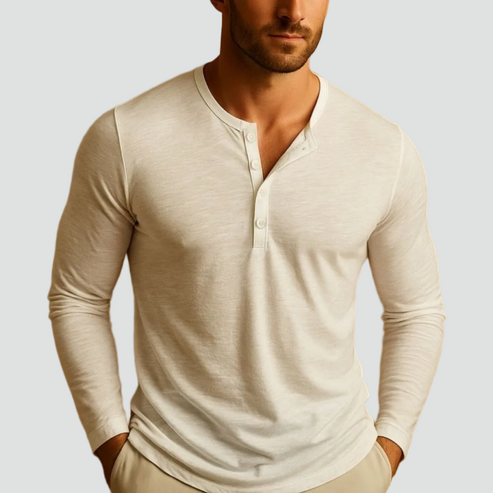 Men's slim fit long sleeve Henley shirt with mandarin neckline and button placket