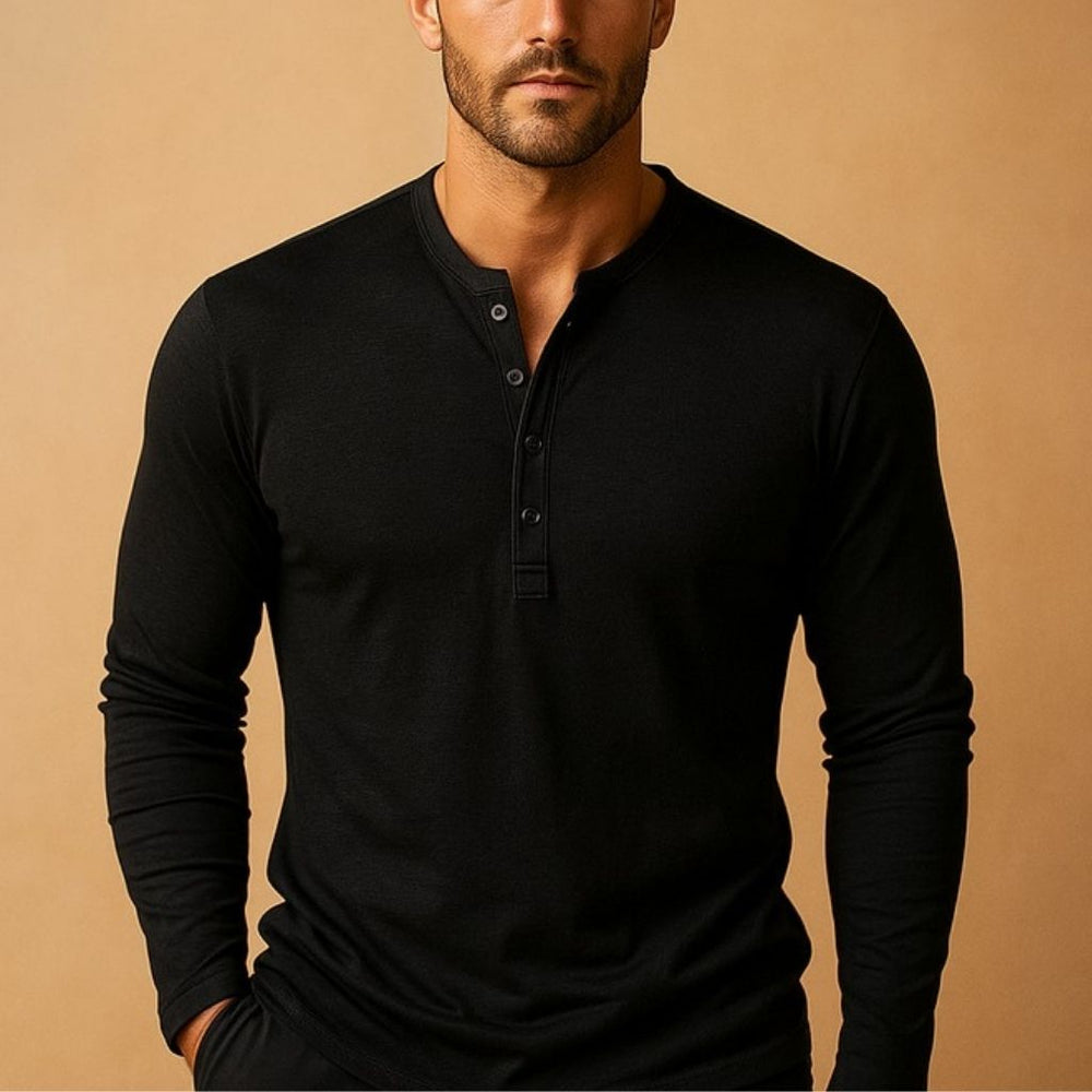 Men's slim fit long sleeve Henley shirt with mandarin neckline and button placket