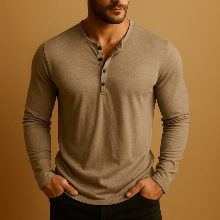 Men's slim fit long sleeve Henley shirt with mandarin neckline and button placket