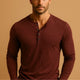 Men's slim fit long sleeve Henley shirt with mandarin neckline and button placket