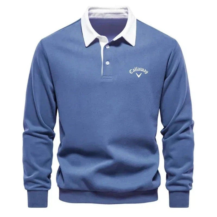 Men's knit polo sweater with a contrasting collar and long sleeves