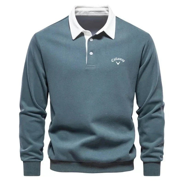 Men's knit polo sweater with a contrasting collar and long sleeves