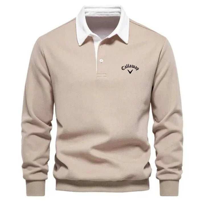 Men's knit polo sweater with a contrasting collar and long sleeves