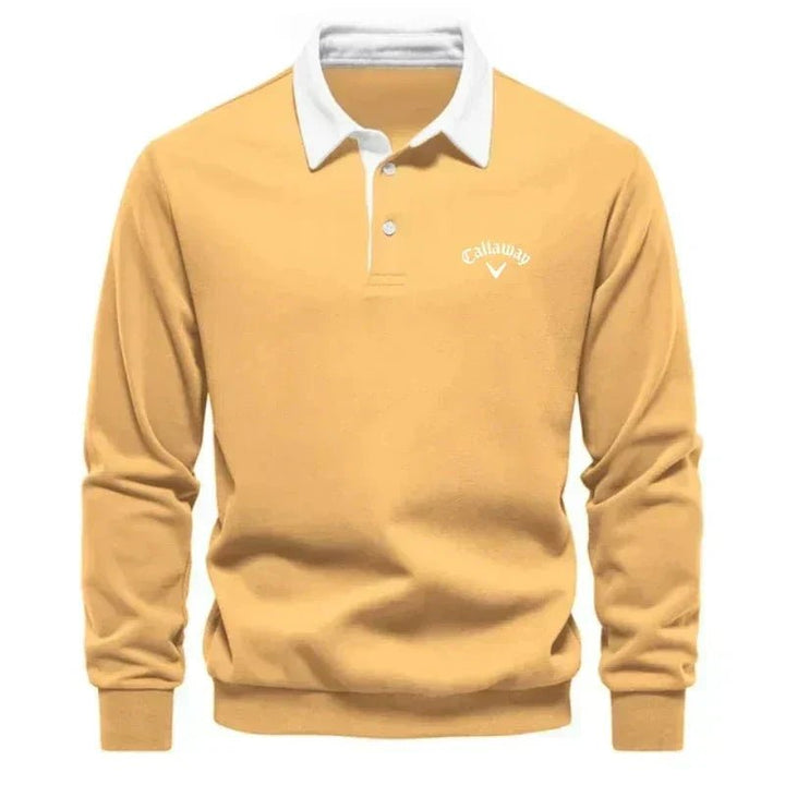 Men's knit polo sweater with a contrasting collar and long sleeves