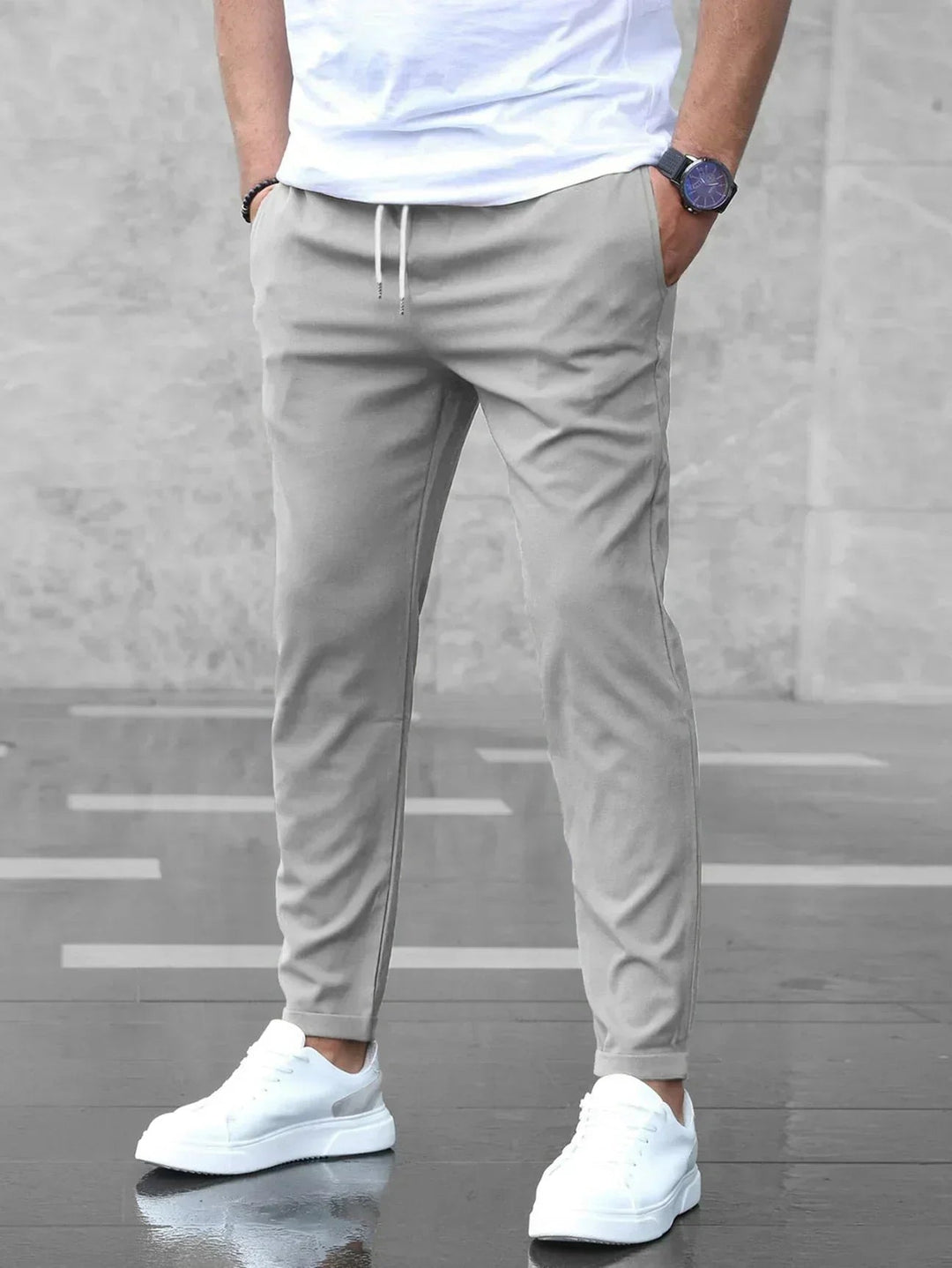Men's Tapered Trousers, Grey, Drawstring Waist