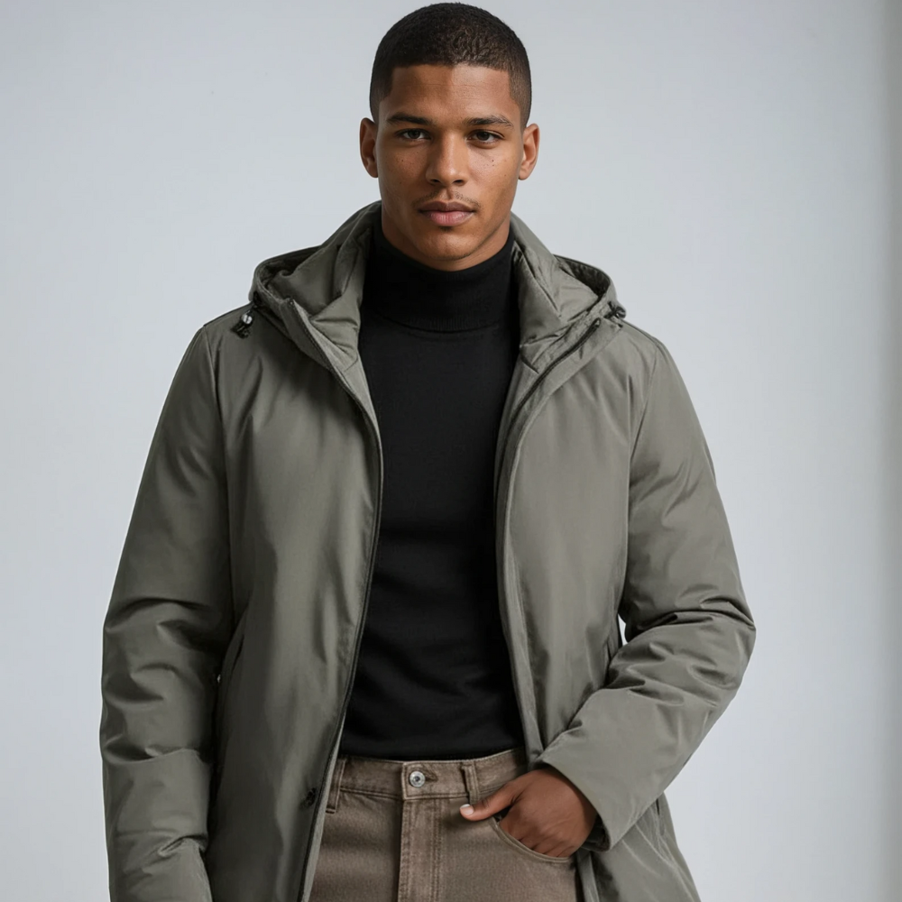 Men's hooded mid-length winter coat with zip front and side pockets