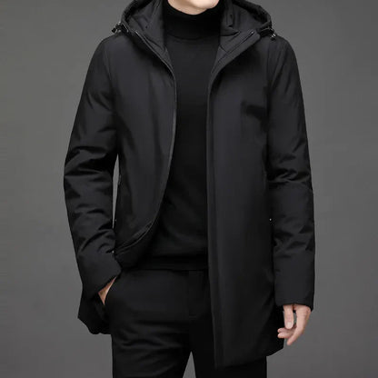 Men's hooded mid-length winter coat with zip front and side pockets