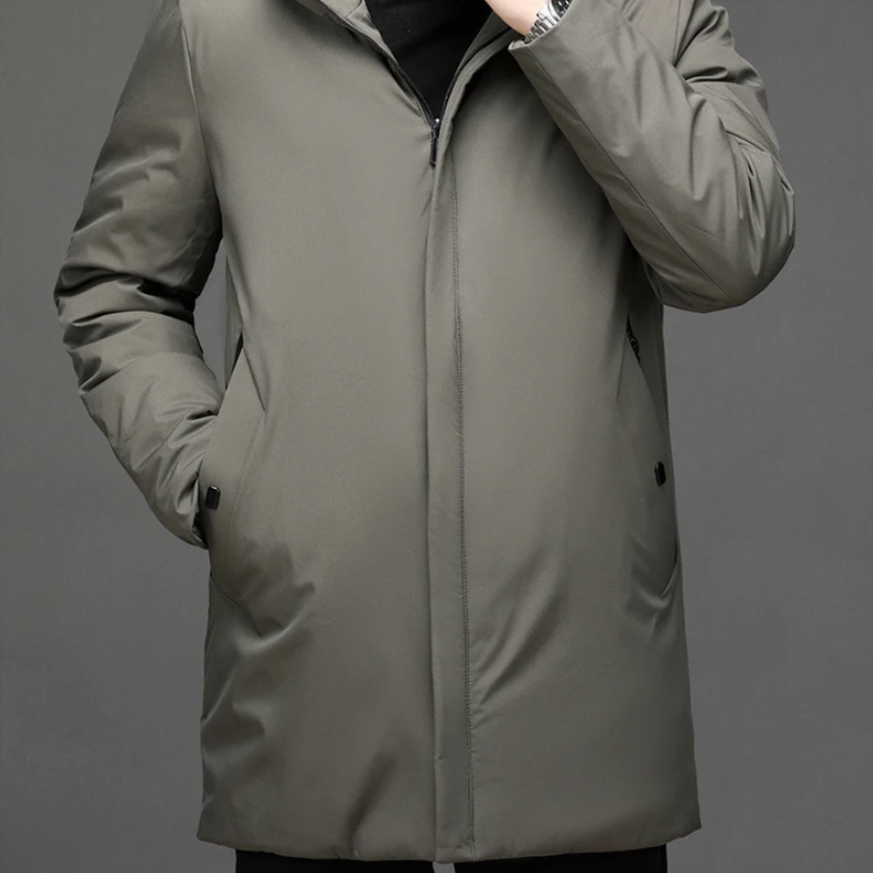 Men's hooded mid-length winter coat with zip front and side pockets