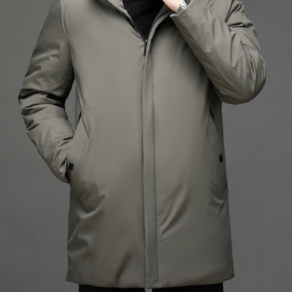 Men's hooded mid-length winter coat with zip front and side pockets