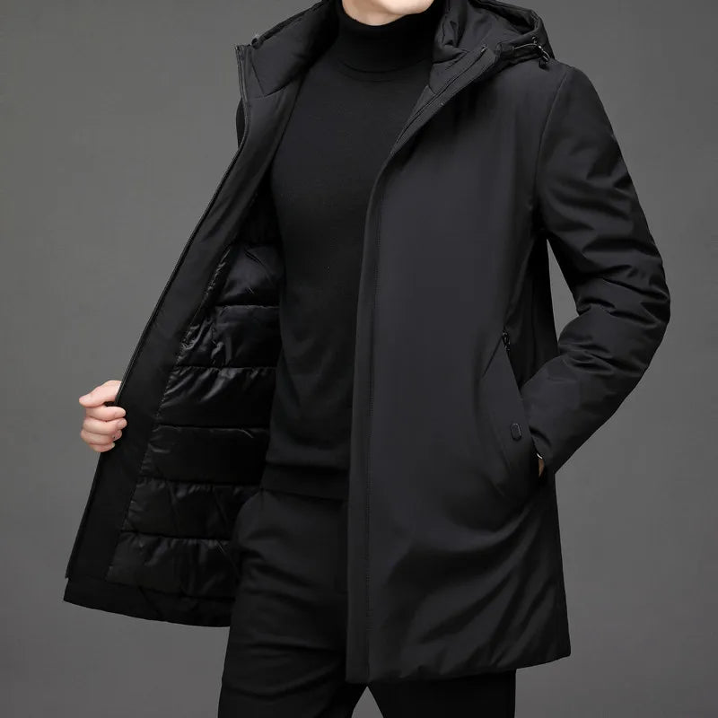 Men's hooded mid-length winter coat with zip front and side pockets