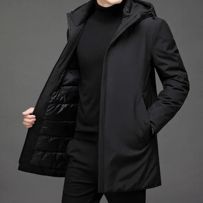 Men's hooded mid-length winter coat with zip front and side pockets