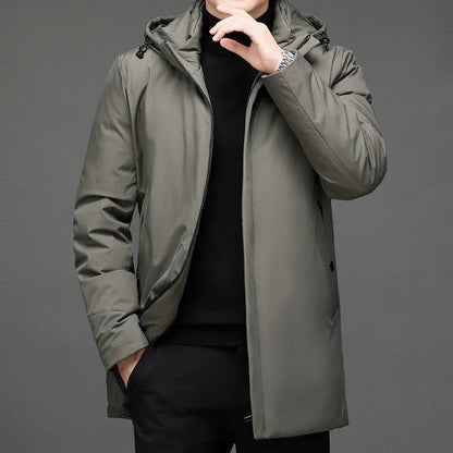 Men's hooded mid-length winter coat with zip front and side pockets