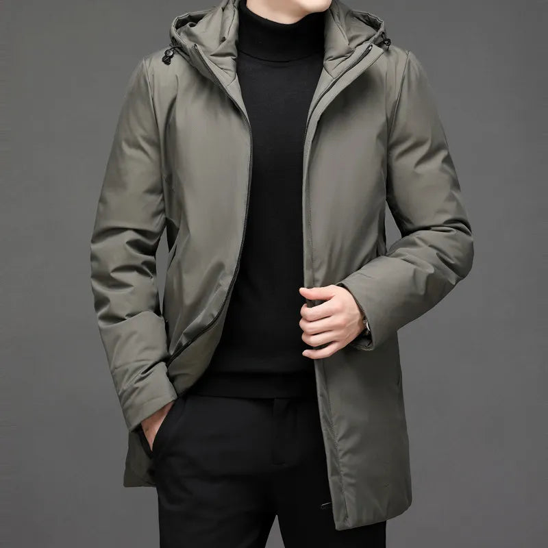 Men's hooded mid-length winter coat with zip front and side pockets