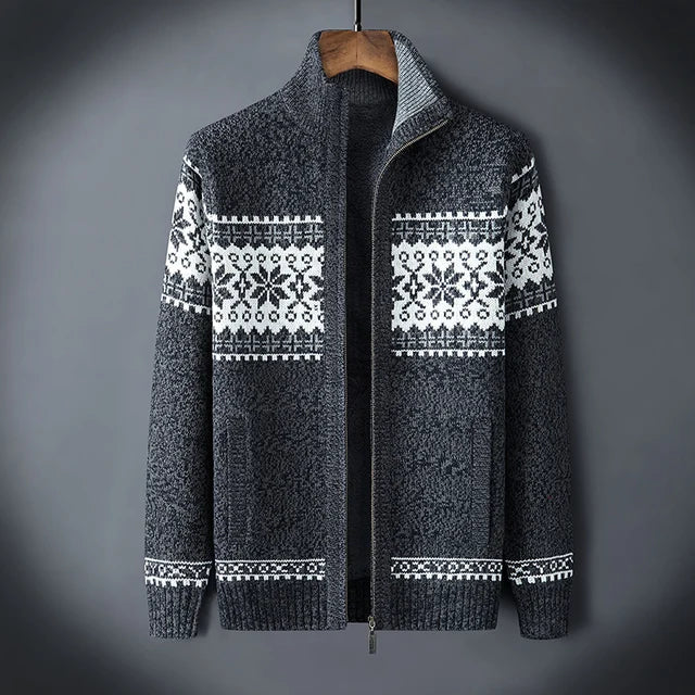 Men's knitted vest with winter pattern and high collar