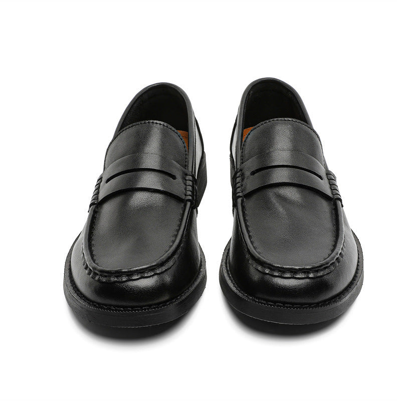 Men's black and dark brown leather penny loafers with strap detail