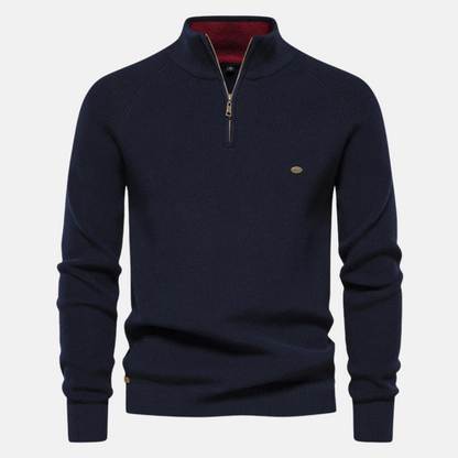 Men's ribbed half-zip jumper with stand collar and long sleeves