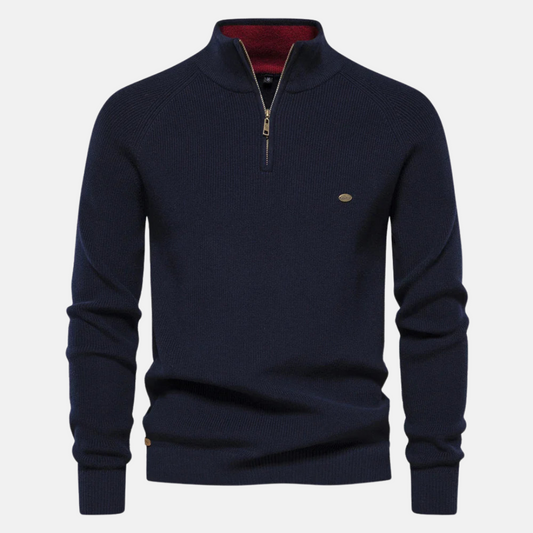 Men's ribbed half-zip jumper with stand collar and long sleeves
