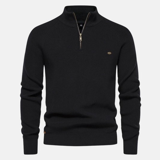 Men's ribbed half-zip jumper with stand collar and long sleeves