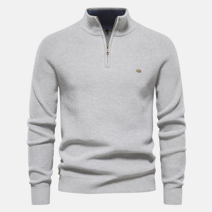 Men's ribbed half-zip jumper with stand collar and long sleeves