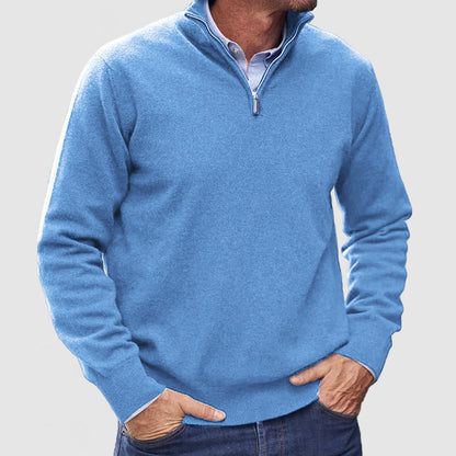 Men's long-sleeve half-zip mock neck jumper with ribbed cuffs and hem