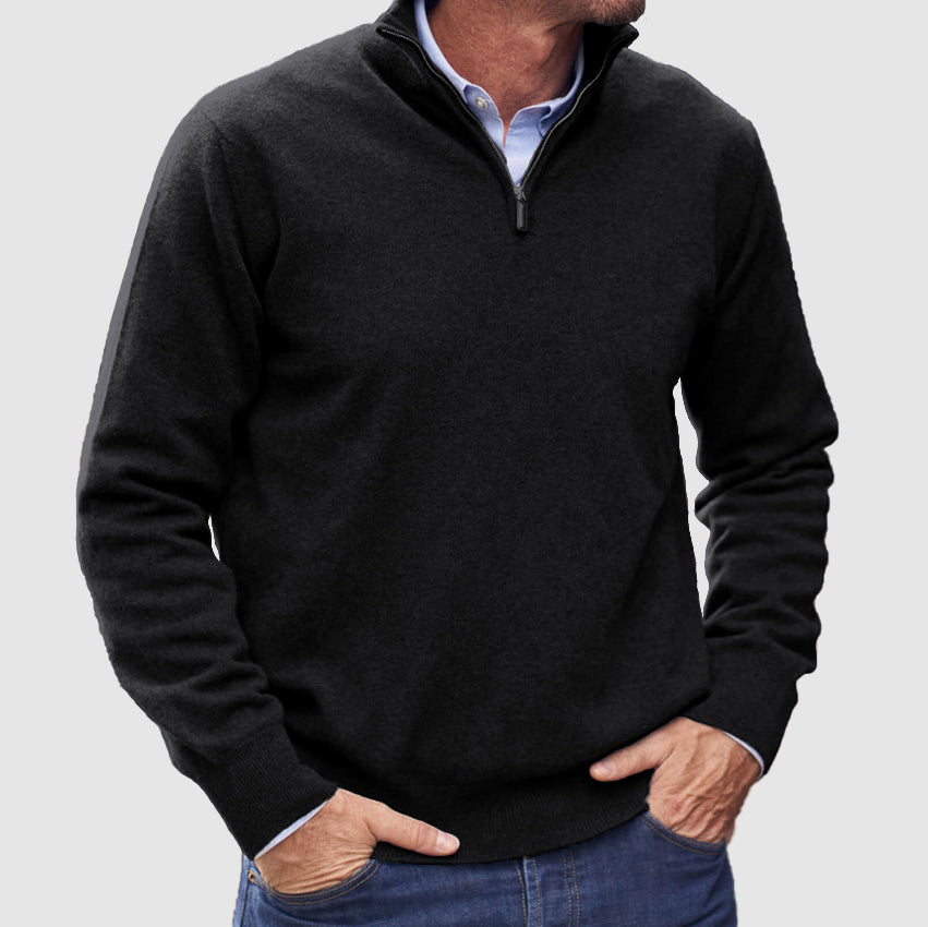 Men's long-sleeve half-zip mock neck jumper with ribbed cuffs and hem