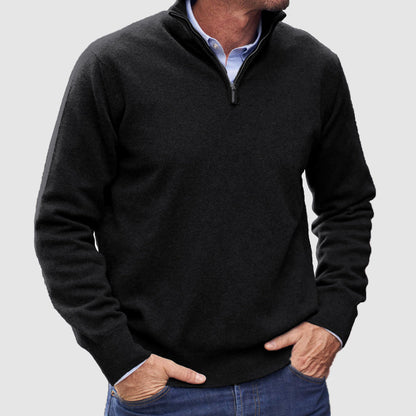 Men's long-sleeve half-zip mock neck jumper with ribbed cuffs and hem
