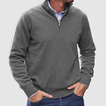 Men's long-sleeve half-zip mock neck jumper with ribbed cuffs and hem