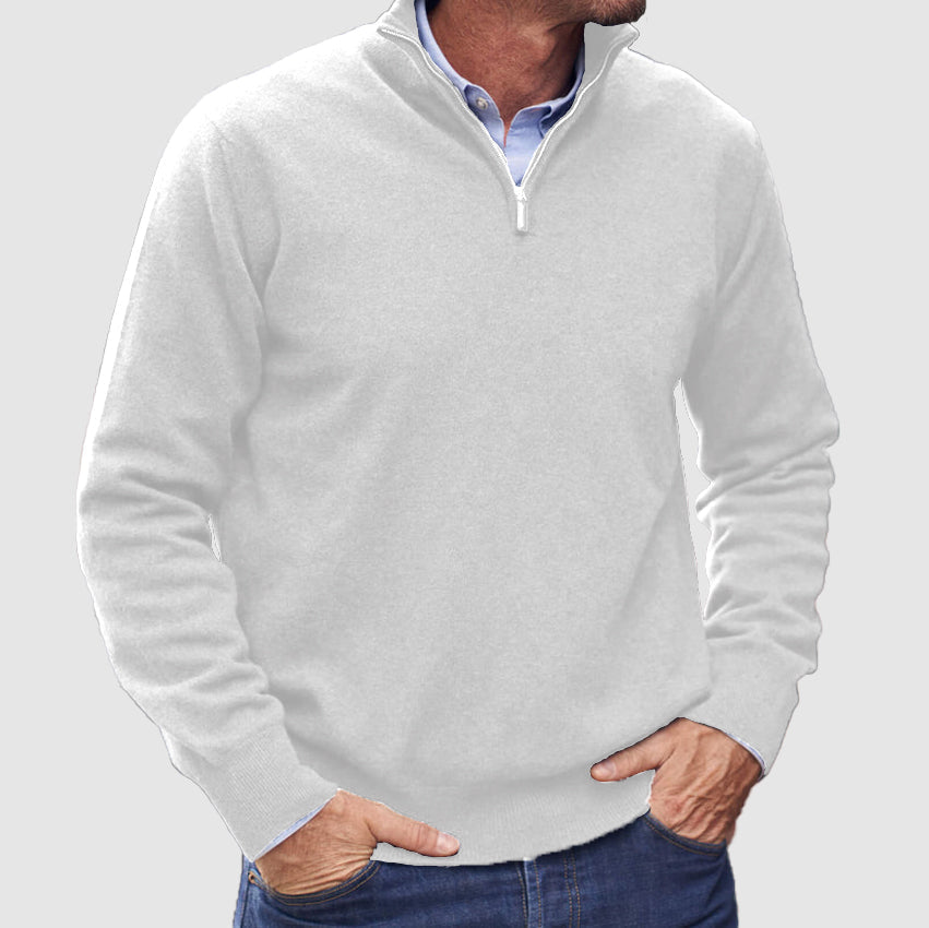 Men's long-sleeve half-zip mock neck jumper with ribbed cuffs and hem