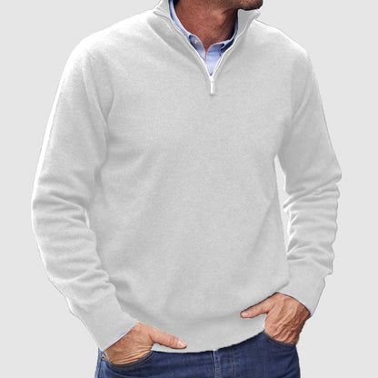 Men's long-sleeve half-zip mock neck jumper with ribbed cuffs and hem