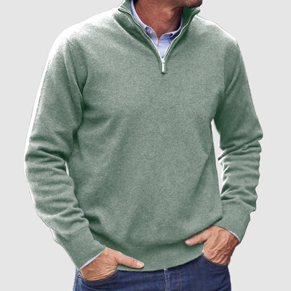 Men's long-sleeve half-zip mock neck jumper with ribbed cuffs and hem