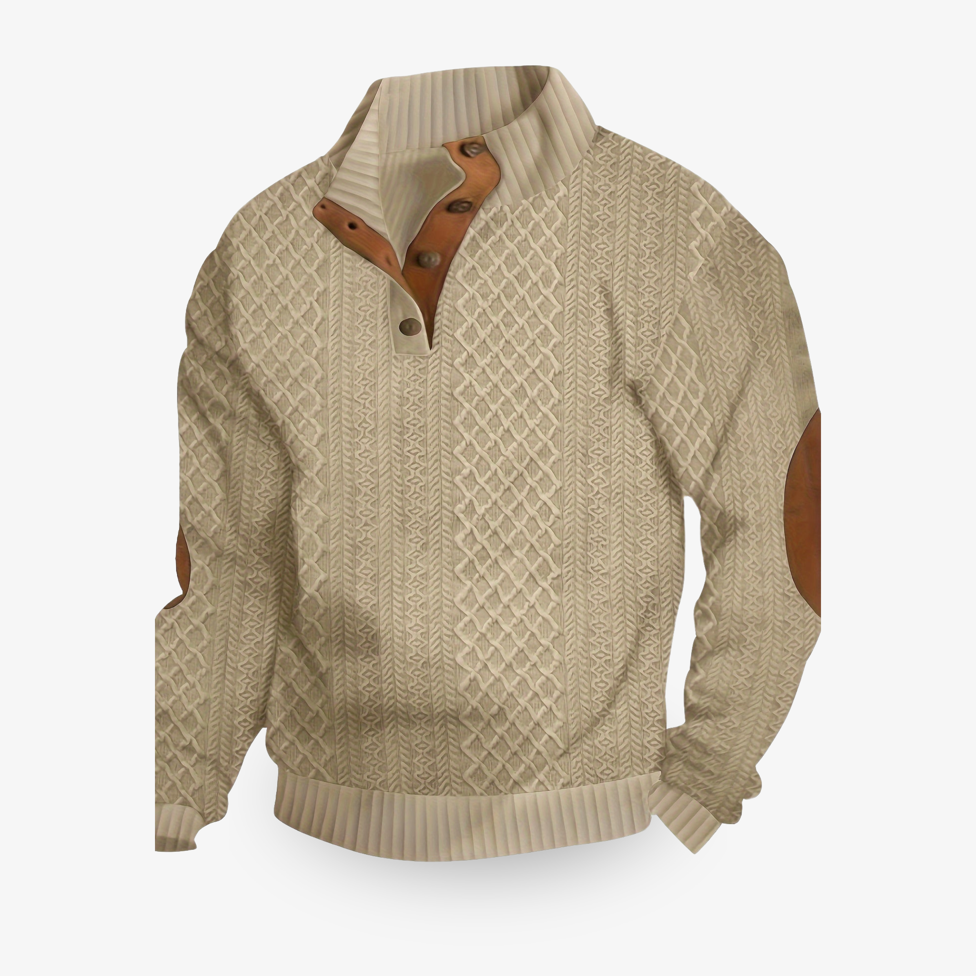 Men's cream cable knit sweater with quarter zip and brown suede elbow patches