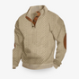 Men's cream cable knit sweater with quarter zip and brown suede elbow patches