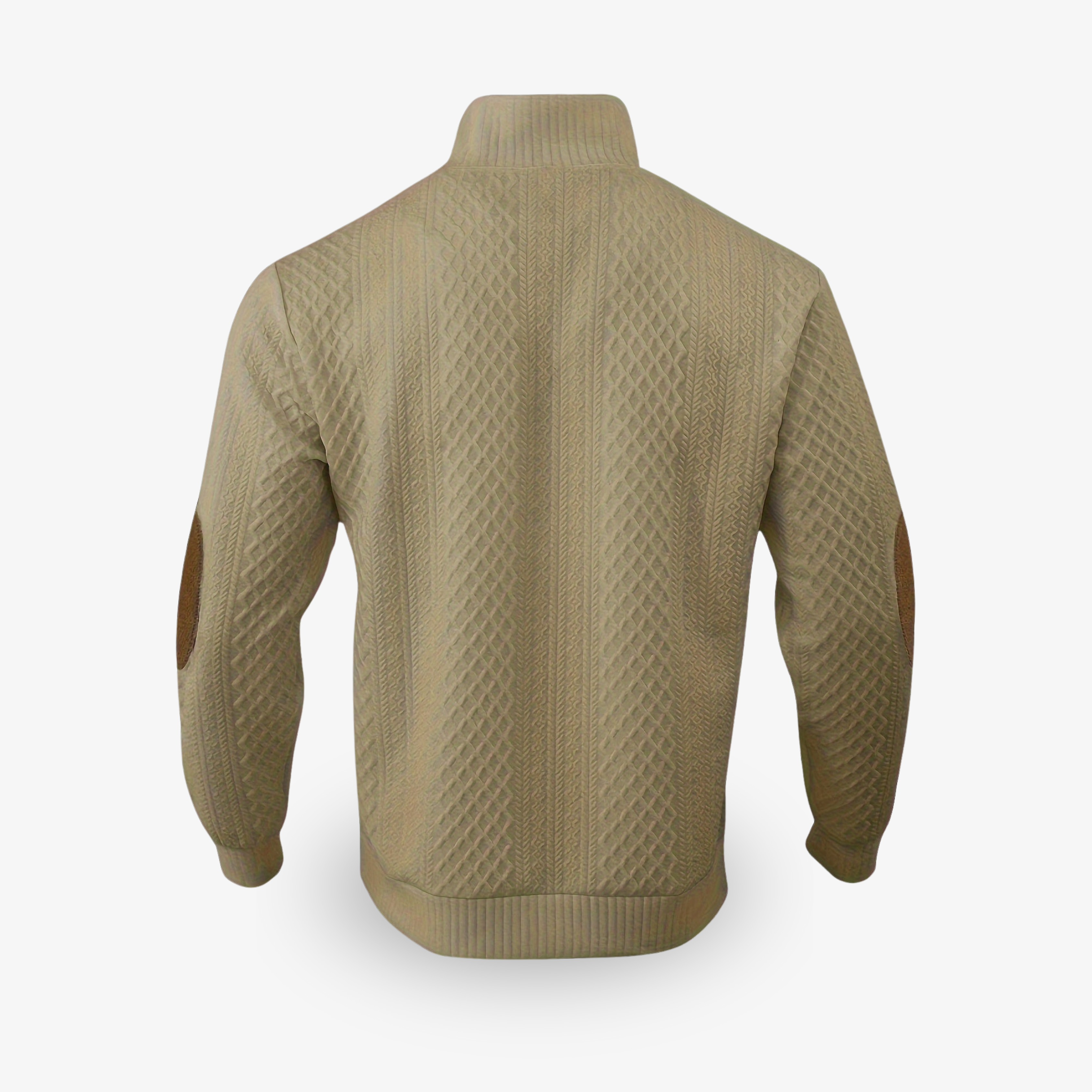 Men's cream cable knit sweater with quarter zip and brown suede elbow patches