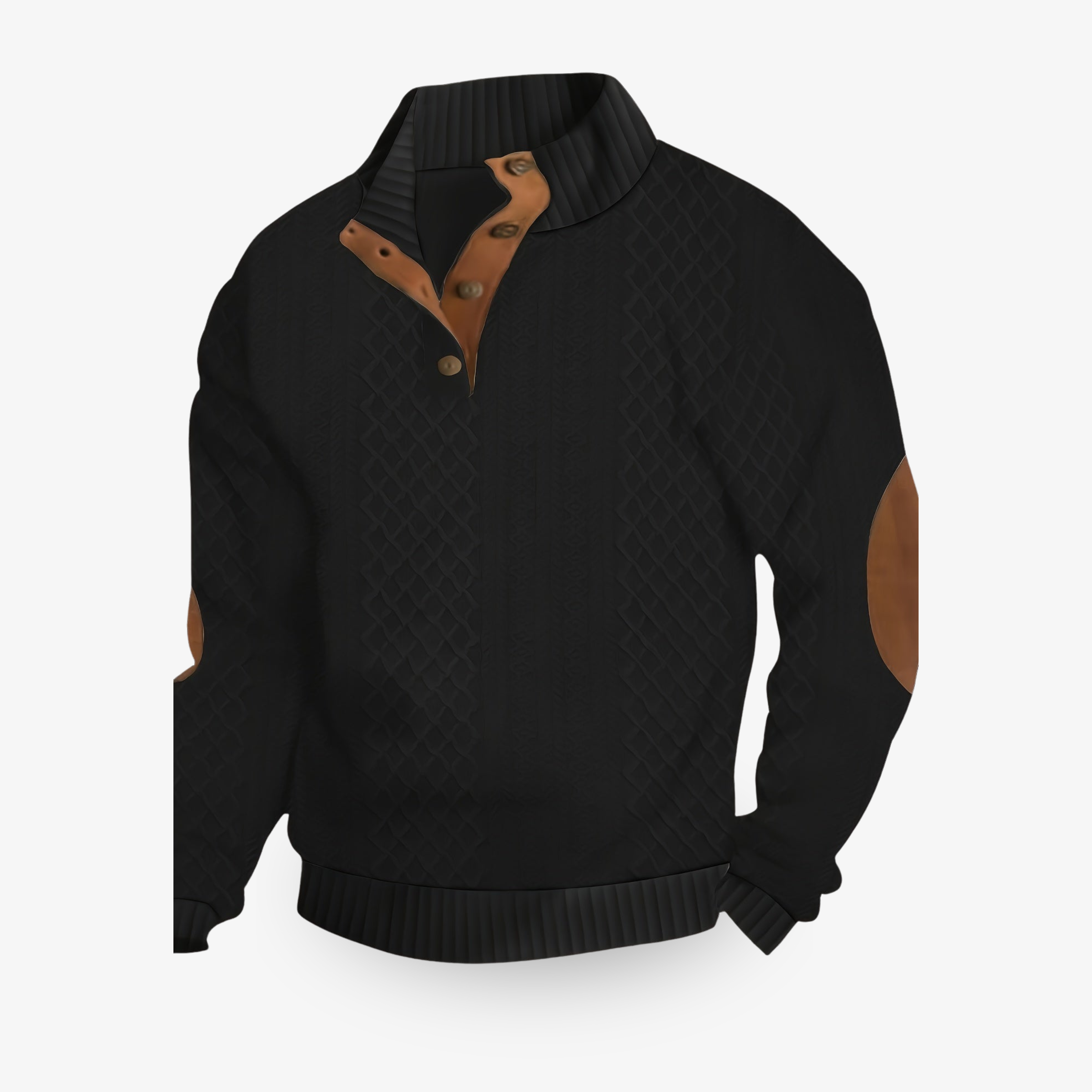 Men's cream cable knit sweater with quarter zip and brown suede elbow patches