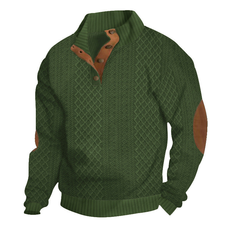 Men's cream cable knit sweater with quarter zip and brown suede elbow patches