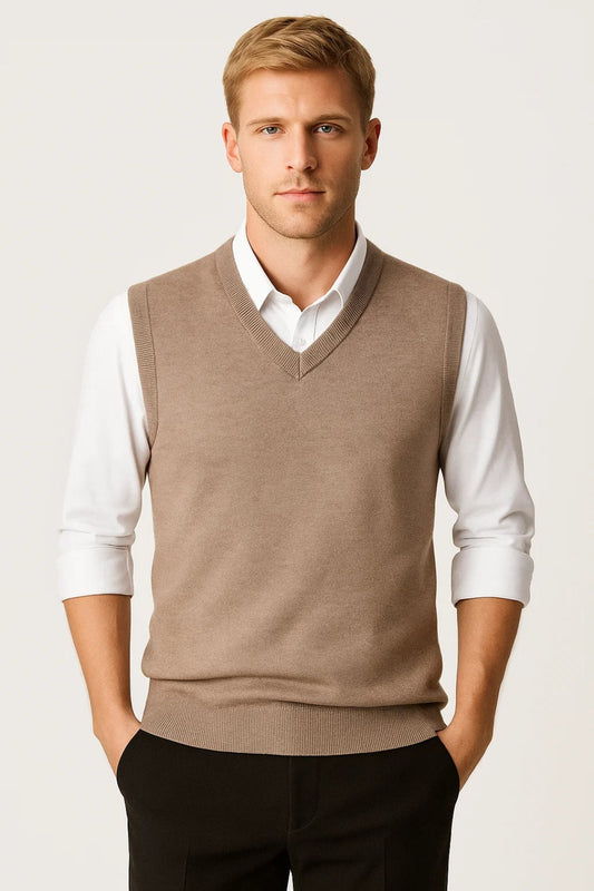 Men's sleeveless V-neck sweater vest with ribbed trims worn over a white shirt