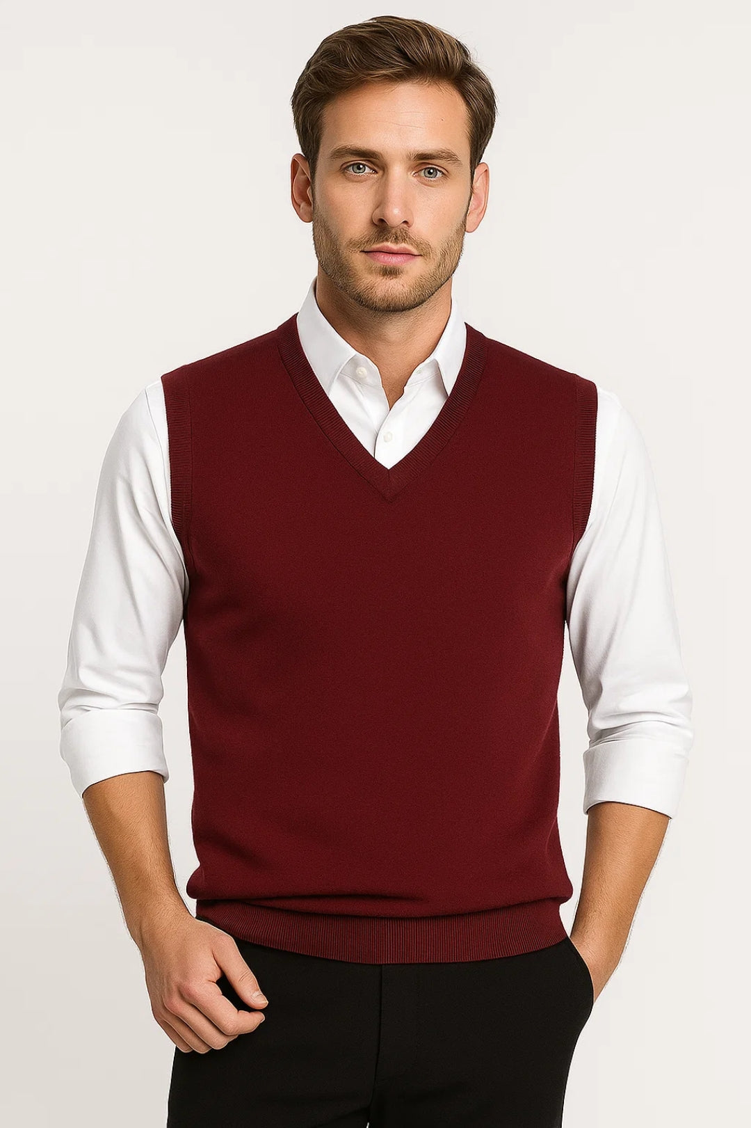 Men's sleeveless V-neck sweater vest with ribbed trims worn over a white shirt