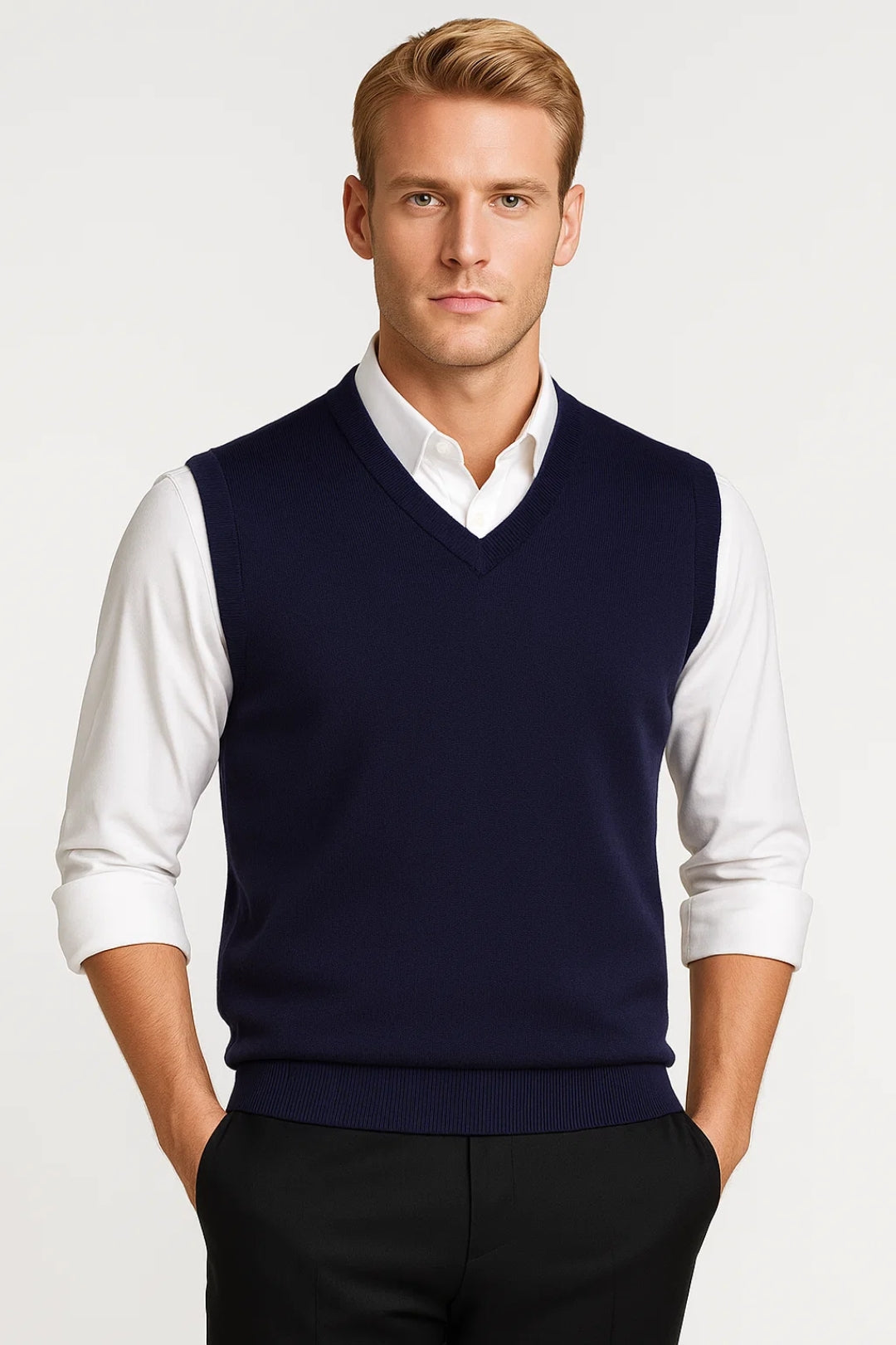Men's sleeveless V-neck sweater vest with ribbed trims worn over a white shirt
